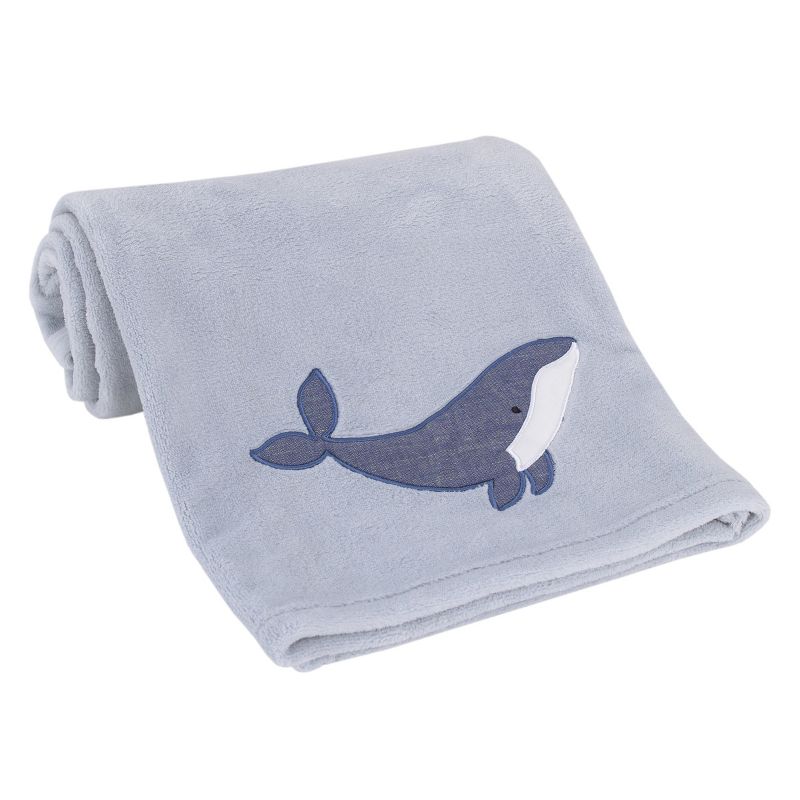 NoJo Marine Light Blue, Navy, and White Whale Applique Super Soft Baby Blanket, 1 of 3