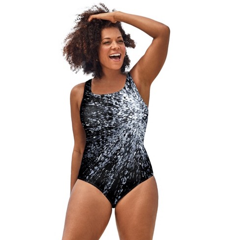 Swimsuits For All Women's Plus Size Chlorine Resistant Crossback One Piece  Swimsuit - 26, Black White Sunburst : Target