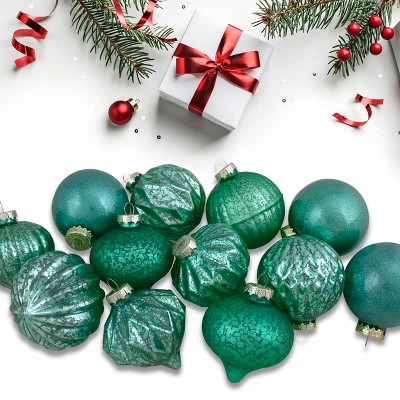 Green Ridged Glass Ball Christmas Ornaments Set of 12