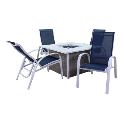 Courtyard Casual Santa Fe 5 pc Square Fire Pit Set with Sling Reclining Chairs  Includes One Square Fire Pit and Four Sling Reclining Chairs