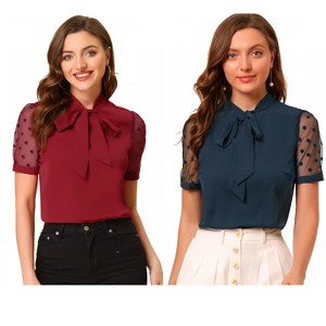 INSPIRE CHIC Women's Bow Tie V Neck Stand Collar Short Mesh Sleeve Blouse 2 Packs - 1 of 4