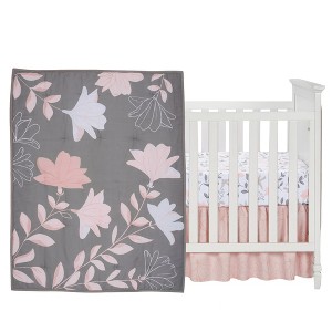 Lambs & Ivy Petals Gray/Pink Sateen Cotton Floral 3-Piece Baby Crib Bedding Set - 1 of 4