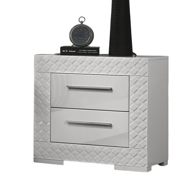 Vynxaria Glam 2-Drawer Nightstand - White High Gloss Finish, Chrome Bar Handle, Engineered Wood/Metal, Wooden Legs, 1pc Bedroom Bedside Furniture