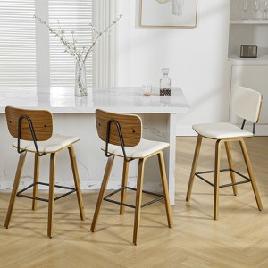 Bekrvio 26" Counter Height Bar Stools - PU Leather Upholstered with Backs, Bent Wood Legs, Mid Century Modern Counter Stools for Kitchen Island - 1 of 4