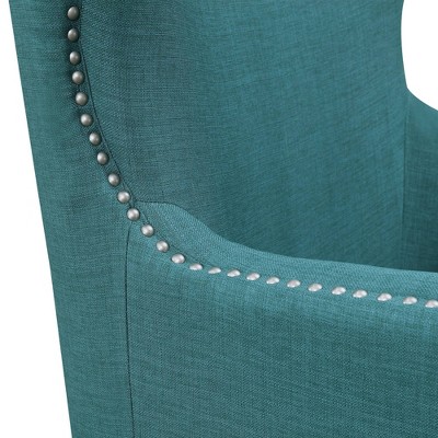 Transitional Teal Winged Accent Chair with Silver Nailhead Trim
