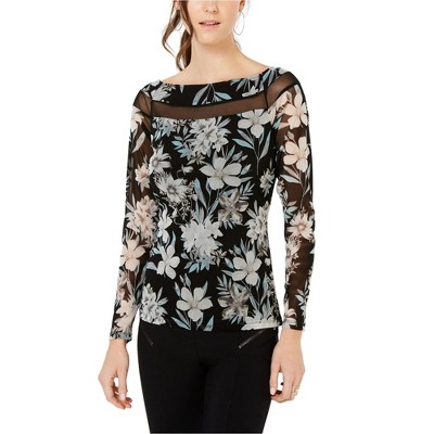 I.N.C International Concepts Womens Illusion Insert Floral Pullover Blouse, Black, Medium