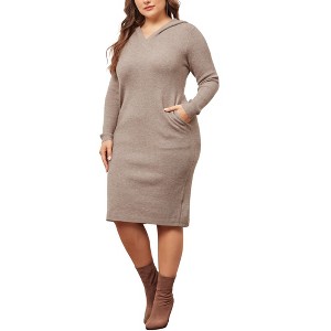 Agnes Orinda Women's Plus Size  V Neck Long Sleeve Knit Midi Pullover Hooded Sweater Dresses - 1 of 4