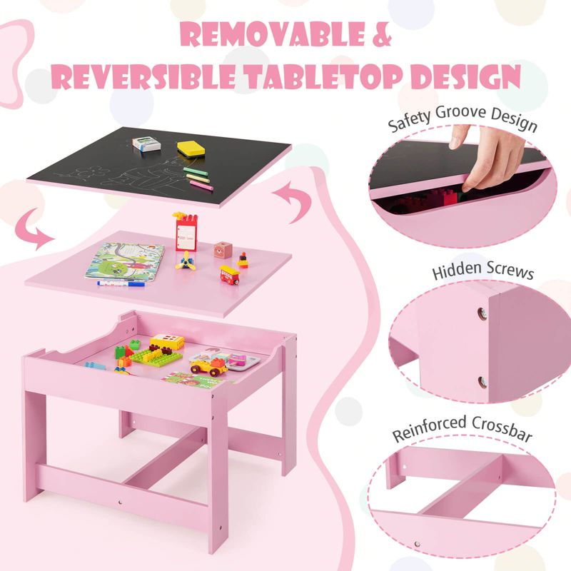 Costway 3 in 1 Kids Wood Table Chairs Set w/ Storage Box Blackboard Drawing Pink, 5 of 11