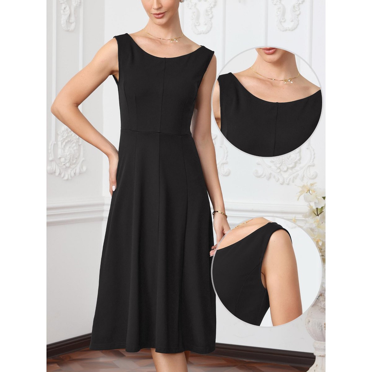 Женские платья INSPIRE CHIC Women's Round Neck Sleeveless Summer Work Office A-line Midi Dresses Large Black — фото 2