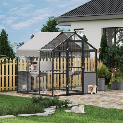 Aluminum Walk-In Large Outdoor Cat Enclosure, Catio for Multiple Cats, Outside Cattery with Weatherproof Roof , Side Door, UV Proof Cover