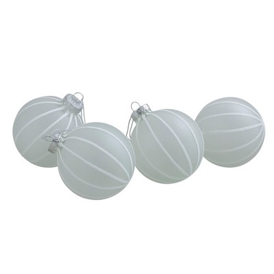 Northlight 4ct Clear Frosted and White Glitter Striped Matte Glass Christmas Ball Ornaments 3.5" (90mm)