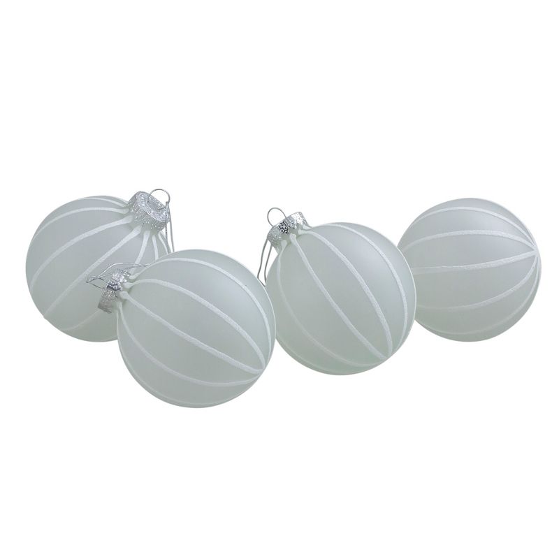 Northlight 4ct Clear Frosted and White Glitter Striped Matte Glass Christmas Ball Ornaments 3.5" (90mm), 1 of 4