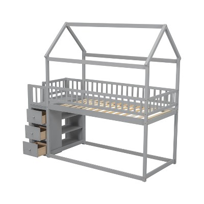 NicBex Twin House Bunk Bed with Shelves and 3 Drawers for Kids Teens Adults,Gray/White