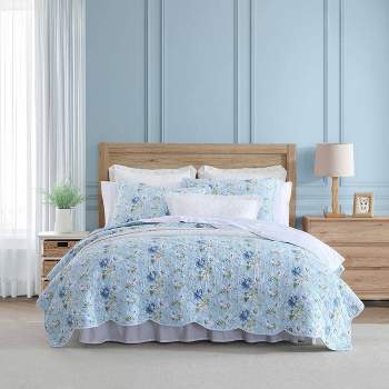 Laura Ashley Flora 3-Piece Blue Floral Cotton King Quilt Set