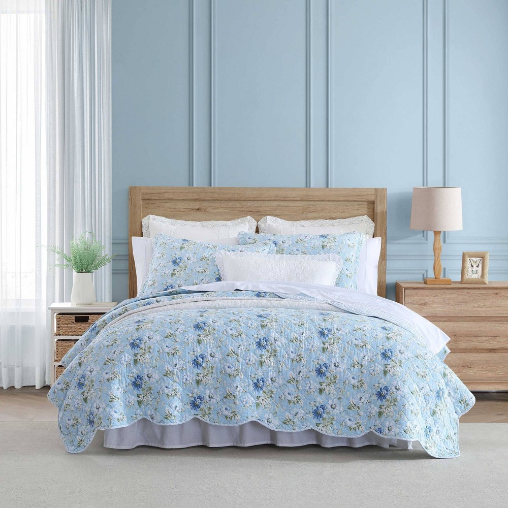 Photos - Bed Linen Laura Ashley Full/Queen Peony Garden 100 Cotton Quilt Set Blue