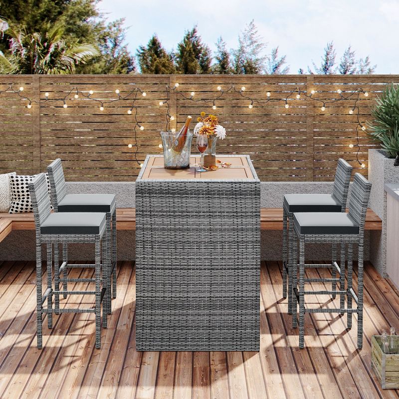 5 PCS Outdoor Patio Acacia Wood Top Wicker Bar with Bar Stools and Removable Cushions,Gray - ModernLuxe, 3 of 15