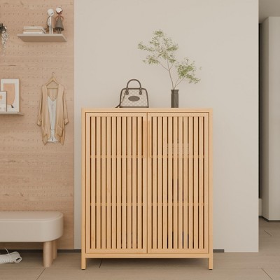 Dolonm 38.1 in. Tall Bamboo Storage Cabinet with Doors & Shelves, Natural Finish, Multi-Purpose Organizer for Bathroom& Bedrooms or Entryways