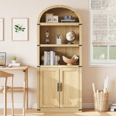 Bookcase with Doors Arched Bookshelf 71.65in Tall Bookcase Farmhouse Cabinet with Shelves
