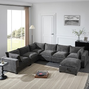 YOOCOZZ Chenille Sectional Sofa with Armrests and Movable Storage Ottoman, 7 Seats - 1 of 4