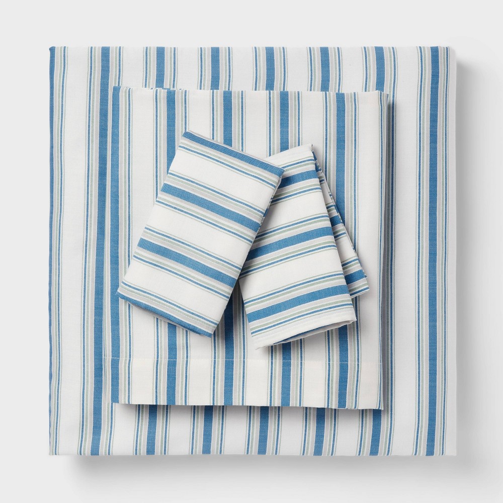 Photos - Bed Linen Twin/Twin XL Cotton Blend Sateen Sheet Set Blue/Green Textured Stripe - Room Essentials™