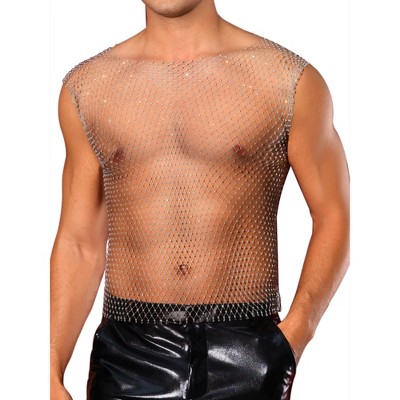 INSPIRE CHIC Men's Festival Fishnet Sheer Sparkly Rhinestone Tank Tops