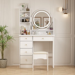 Famapy Makeup Vanity Table Set with Stool and Mirror LED Light Dressr Dressing - 1 of 4
