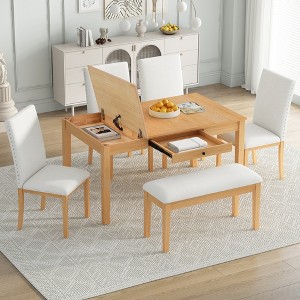 Whisen Farmhouse 6-Piece Dining Table Set with Storable Bench and Upholstered Dining Chairs - 1 of 4