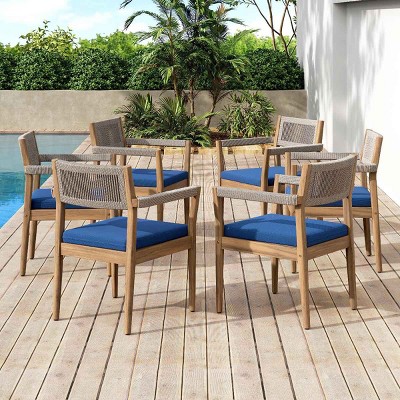 Set of 6 Outdoor Dining Chairs, Acacia Wood Frame Chairs with Armrests, Braided Rope Chair with Navy Polyester Cushions-Coolbibila