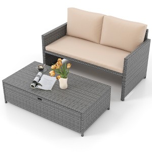 Tangkula Outdoor Rattan Daybed Wicker Loveseat & 31 Gallon Storage Ottoman w/Soft Cushions Space-Saving 2-Person - 1 of 4