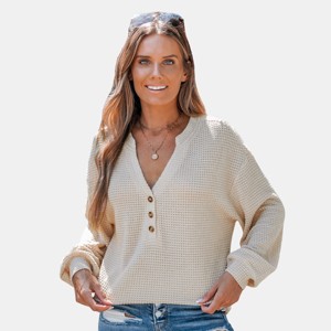 Women's Cozy Knit V-Neck Front Button Tee - Cupshe - 1 of 4
