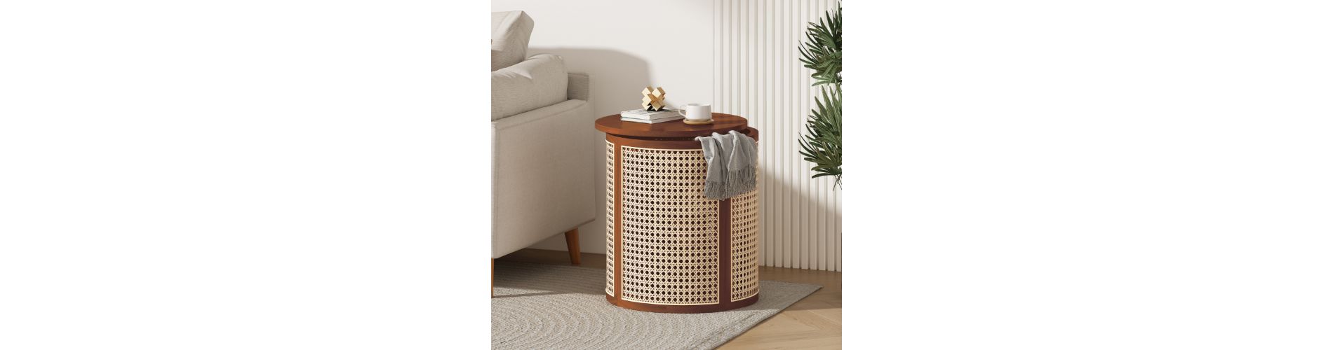 Lyngins Natural Wood Outdoor Side Table with Storage, 15.7” Round End Table, Hollow Woven Side Table/Nightstand, Indoor/Outdoor Small Table, Brown
