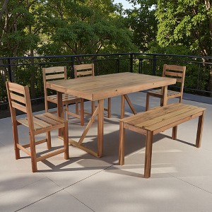 6-Piece Outdoor Patio Acacia Wood Dining Set with Rectangular Table, Benche, Chairs - 1 of 4