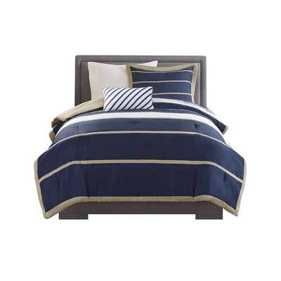 Navy and Khaki Twin Microfiber Striped Comforter Set
