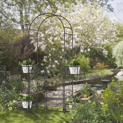 Black Metal Garden Arbor with Scrollwork Hearts and Planter Boxes