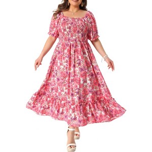 Women's Plus Size Floral Smocked Waist Square Neck Short Sleeve Casual Maxi  Dresses