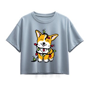 Girls' - Instant Message - Corgi Wrapped In Christmas Lights Short Sleeve Boxy Graphic T-Shirt - 1 of 2