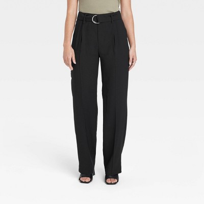 Women&#39;s High-Rise Relaxed Fit Straight Belted Trousers - A New Day&#8482; Black 0