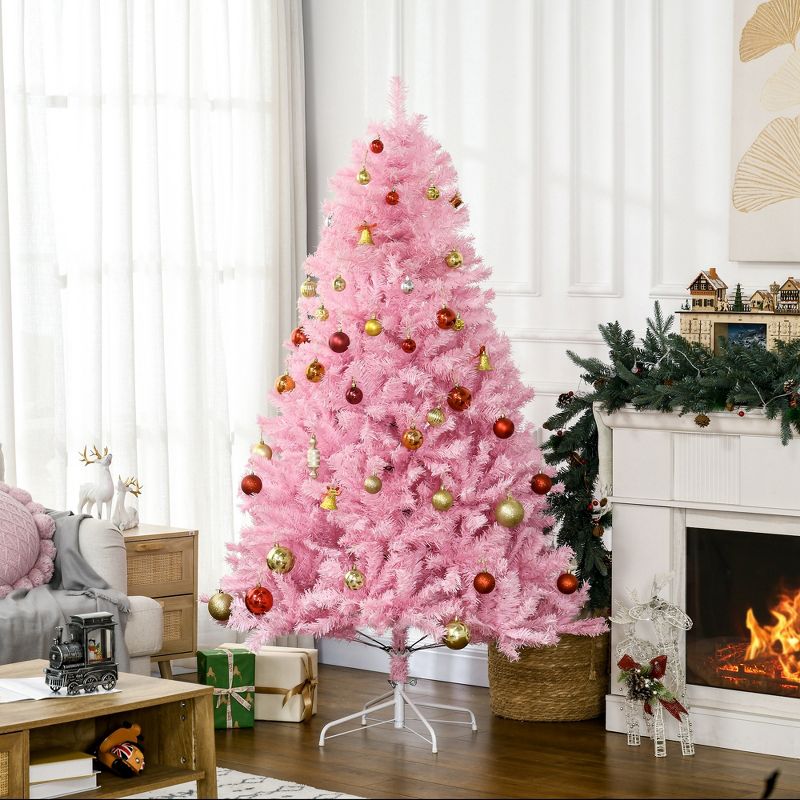 HOMCOM 6 FT Artificial Christmas Tree Holiday Decoration with Auto Open, Steel Base, Wide Shape, Pink, 3 of 7
