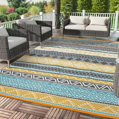 Reversible Outdoor Plastic Straw Rug - Waterproof Bohemian Area Mat for Patio, RV, Balcony, Camping, Easy Clean Picnic Mat