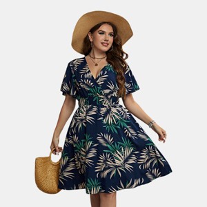 Women's Plus Size Tropical Leaf Print Wrap Dress Flutter Sleeve Vacay Dress - Cupshe - 1 of 4