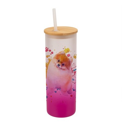 100 North 25 Ounce Frosted Glass Gradient Travel Tumbler With Straw & Wooden Lid, Pomeranian Dog Paint Splatter Pink