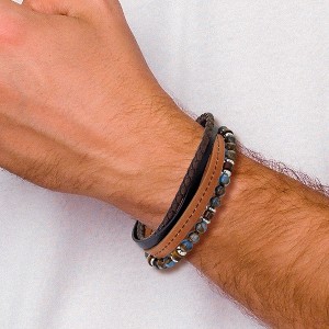 Chisel Stainless Steel Blue Golden and Tiger's Eye Beaded Black and Brown Leather Multi Strand 8" Plus .5" Ext. Bracelet - 1 of 4