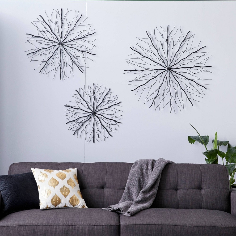 Photos - Wallpaper Set of 3 Metal Starburst Wall Decors with Branch Inspired Design Black - O