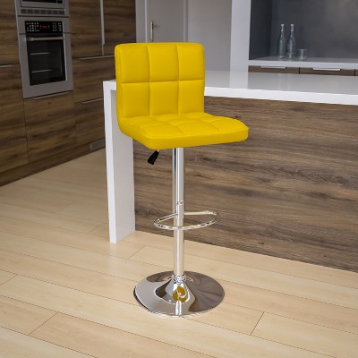 Yellow Quilted Adjustable Height Swivel Barstool with Chrome Base