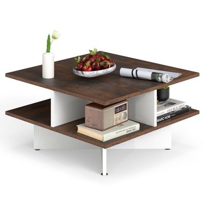 Tangkula 2-Tier Square Coffee Table 24" Living Room Center Table with 4 Storage Compartments
