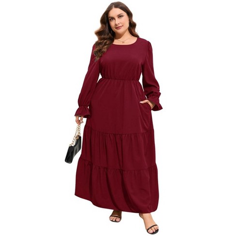 Whizmax Womens Plus Size Round Neck Long Sleeve Empire Waist Pleated Hem Boho Maxi Dress With Pockets Wine Red 3XL - image 1 of 4