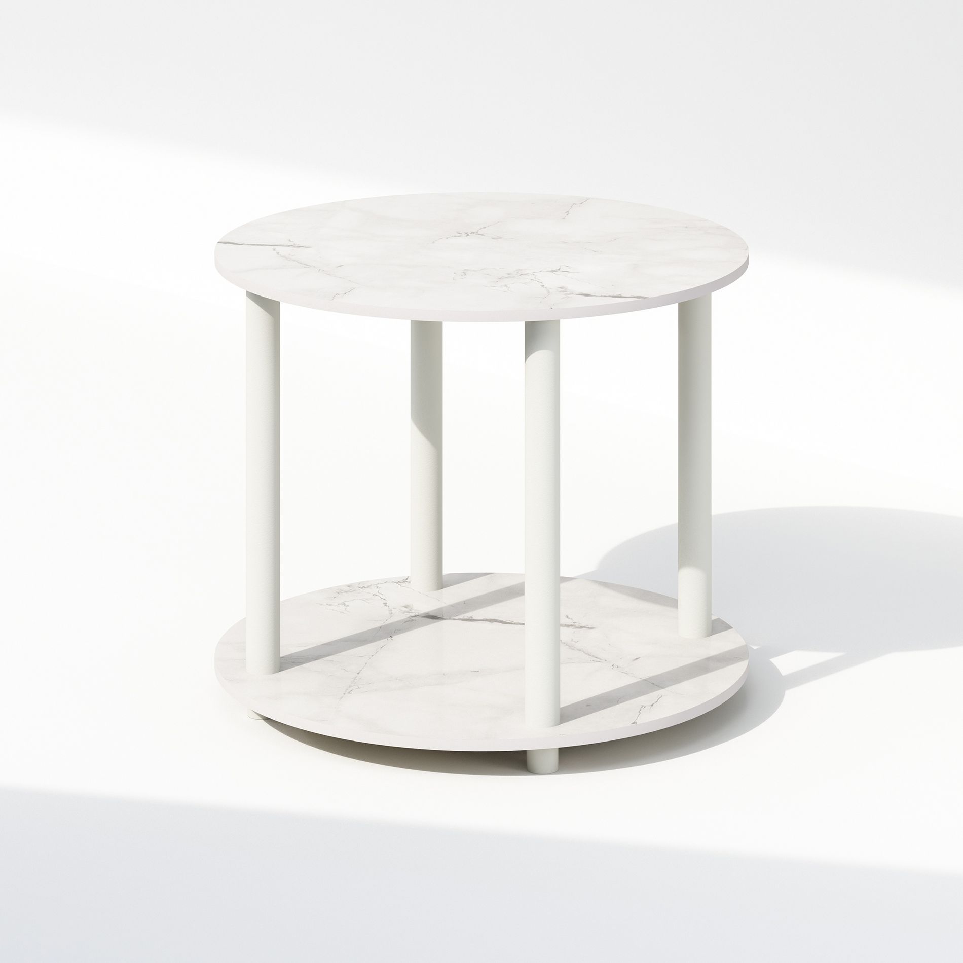 Furinno Turn-N-Tube Simple Design 2-Tier Round Wooden Side End Table, Marble White