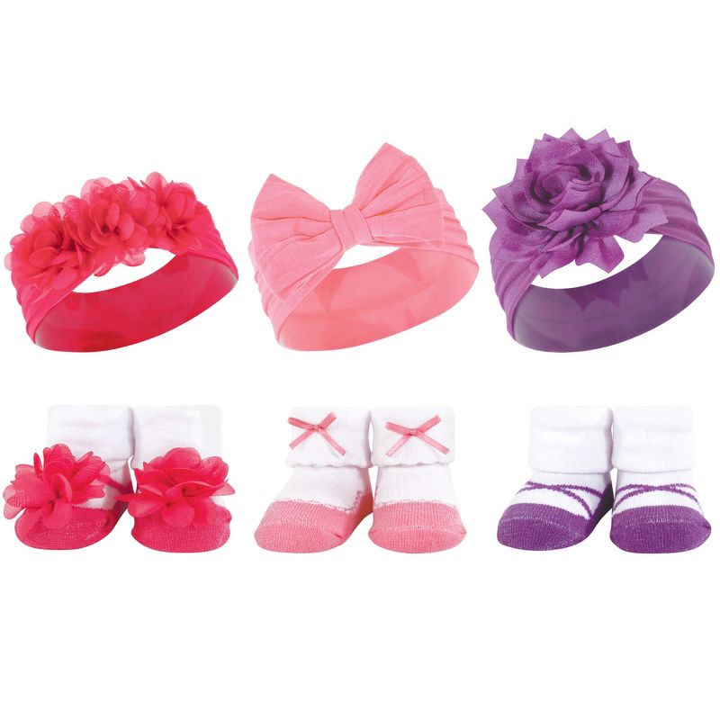 Hudson Baby Infant Girl Headband and Socks Giftset, Pink Purple, One Size, 1 of 6
