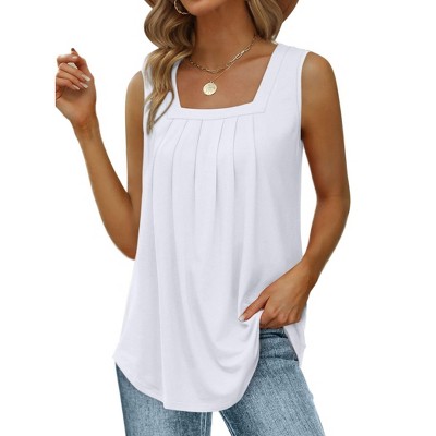 Women's Tank Tops Loose Fit Pleated Square Neck Sleeveless Tops Shirts Curved Hem Summer Outfit
