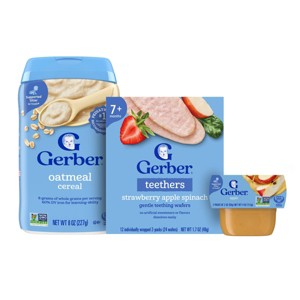 Gerber Baby Food Oatmeal Baby Cereal 8oz + 12ct Strawberry Apple Spinach Teething Wafers Baby Snack + 2ctApple Baby Food Puree - 1 of 4